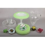 A collection of coloured and clear glass. Including a delicate Venetian style jug, bohemian