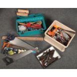 A toolbox and a box containing assorted hand tools.