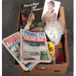 A box of books, Jack Higgins Day of Judgment, George Cole, Private Eye magazines etc