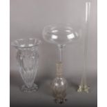 A quantity of large glassware to include cut glass vase, large bowl on slender pedestal, Large