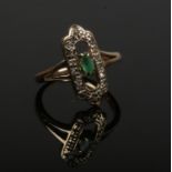 An Art Deco style 9ct gold, emerald and diamond panel cluster ring. Size J.