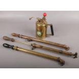 Four early 20th century brass garden sprayers including Mysto Nippy Sprayer.