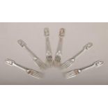 A set of six silver dessert forks with cat and fiddle openwork terminals, assayed Sheffield 1953. (
