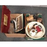 Two boxes of miscellaneous. Including a xylophone, coffee grinder, Masons, toby jug and a carved