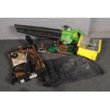 A collection of electrical tools and hand tools to include leaf blower, metal detector etc.