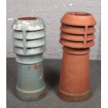 Two terracotta chimney pots with louvred vent tops. (Tallest 80cm).
