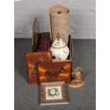 A box of miscellaneous, to include floral table lamp, runner, copper pictures etc.