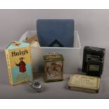 A Box of collectables, Bentima mantel clock, Avon The Ascot Collection Aftershave, Haig's Dimple