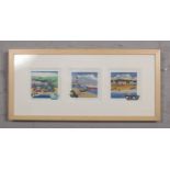 A framed set of three Sharon Jervis prints, beach scenes.
