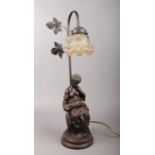 A bronzed composite figural table lamp of a lady reading.