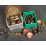 Two boxes of assorted metalwares including a pair of Indian bidri ware vases, Victorian copper and