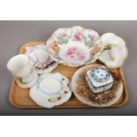 A tray of pottery and china including a pair of Aynsley hat formed wall plaques, Continental china