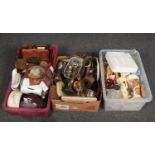 Three boxes of miscellaneous including brass postal scales (no weights), pottery and china,