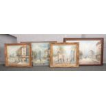 Burnett, Four framed oil on canvas street scenes. One with tear to canvas.