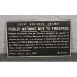 A cast iron Great Northern Railway trespass sign. (41cm x 70cm).