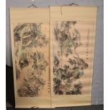 Two oriental scroll mounting landscape prints.