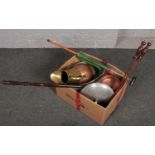 A box of mainly antique metalwares including jam pans, bed warming pan and a brass and copper jug