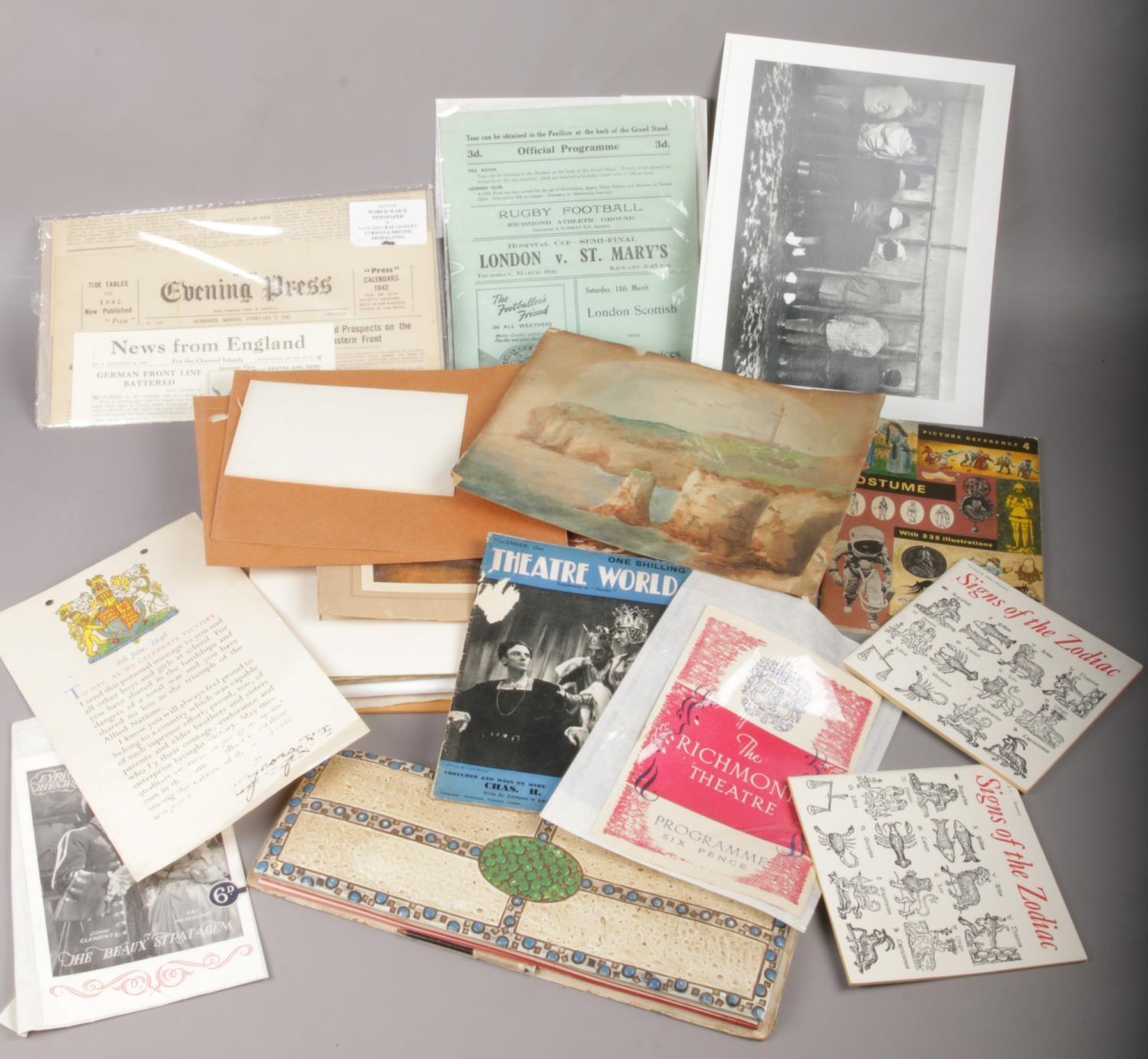 A quantity of ephemera including old folios, blotter, theatre and sporting programmes and