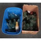 Two boxes of vintage glass advertising bottles, to include Sheffield examples etc.
