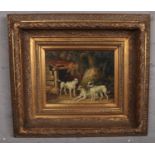 After Geo Price, gilt framed oil on board, farm courtyard scene depicting three dogs.