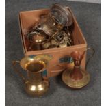 A box of metalwares, Brass Jugs, Goblets, silver plated cutlery, brass trivet etc