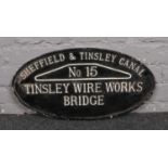 A vintage metal sign for Sheffield & Tinsley Canal, No. 15, Tinsley Wire Works Bridge.