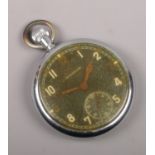 A military chromium plated pocket watch. With black dial signed Leonidas and having subsidiary