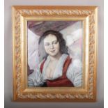 A Limoges enamel framed plaque, signed R. Blancher, female portrait, 20 cm x 24 cm