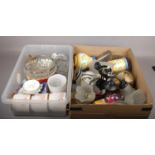 Two boxes of miscellaneous, to include Czechoslovakian bowl, ceiling lights, storage jars etc.