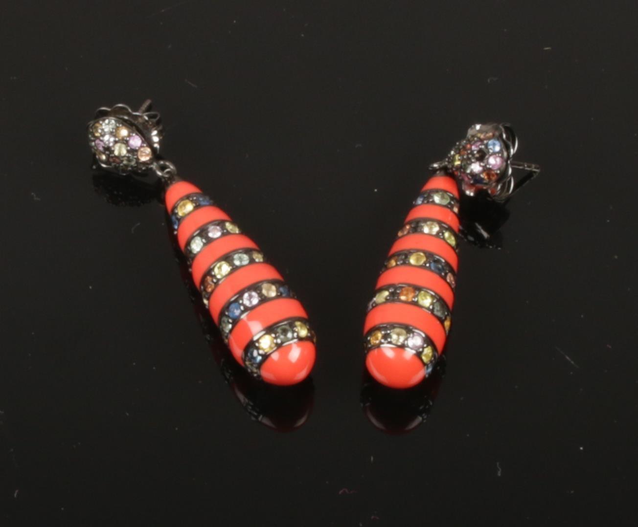 A pair of multi gem and enameled drop earrings. Marked MCL .925