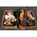 Two boxes of miscellaneous, wooden figures, ornamental dogs etc