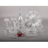 A collection of glassware, to include Dartington decanter, paperweight, candlesticks etc.
