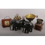 A set of Libra cast and brass kitchen scales, Hammond synchronous electric clock, pair of ebony