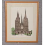 A David Gentleman framed limited edition lithograph print, Lichfield Cathedral, signed in pencil