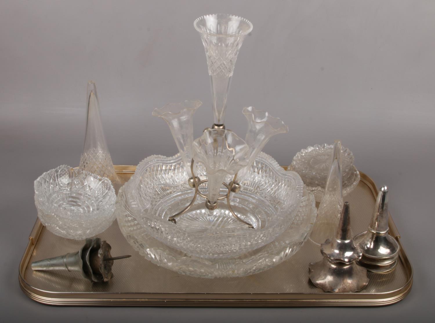 A tray of Victorian / Edwardian silver plate and glass epergne components. Flutes, dishes and one