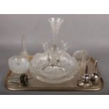A tray of Victorian / Edwardian silver plate and glass epergne components. Flutes, dishes and one