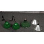 A vintage large enamelled hanging light shade marked Cryselco, two aluminium conical shades and a