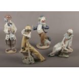 Three Nao porcelain figurines, dancing clown with ball, two sitting musicians, to include Lladro