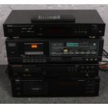 A hi-fi system with multiple brands to include Denon, Teac, Yamaha etc.