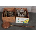 Two boxes of metalwares to include flatwares, silverplate, brass wall plaques, copper bedpan etc.