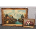 A large gilt frame oil on canvas, alpine scene, along with a gilt frame oil on board, floral still