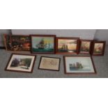 A collection of pictures and prints. One after a Louis Wain sketch, seascape oils signed S.