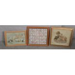 A framed woolwork of a young women flying a kite along with another woolwork and a framed set of