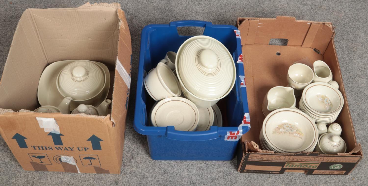 Three boxes of Royal Doulton Lambeth ware ' Florinda', Coffee pot, Tea pot, plates, bowls, cups,