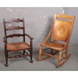 A 1920s rocking chair and a ladder back rush seat nursing chair.