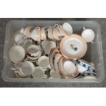 A box of miscellaneous ceramic tea sets, Sutherland, Salisbury, Royal Stuart examples