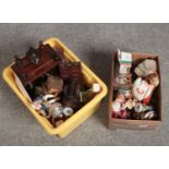 Two boxes of miscellaneous including quartz mantel clock, German pottery steins and costume