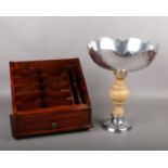 A reproduction mahogany stationary box along with a silver plated pedestal bowl on wooden stand.