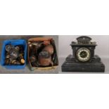 A Victorian slate mantel clock (AF) and two boxes of assorted metalwares including decorative