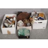 Three boxes of miscellaneous to include capadimonte figures, glass bottles, copper tray, etc.